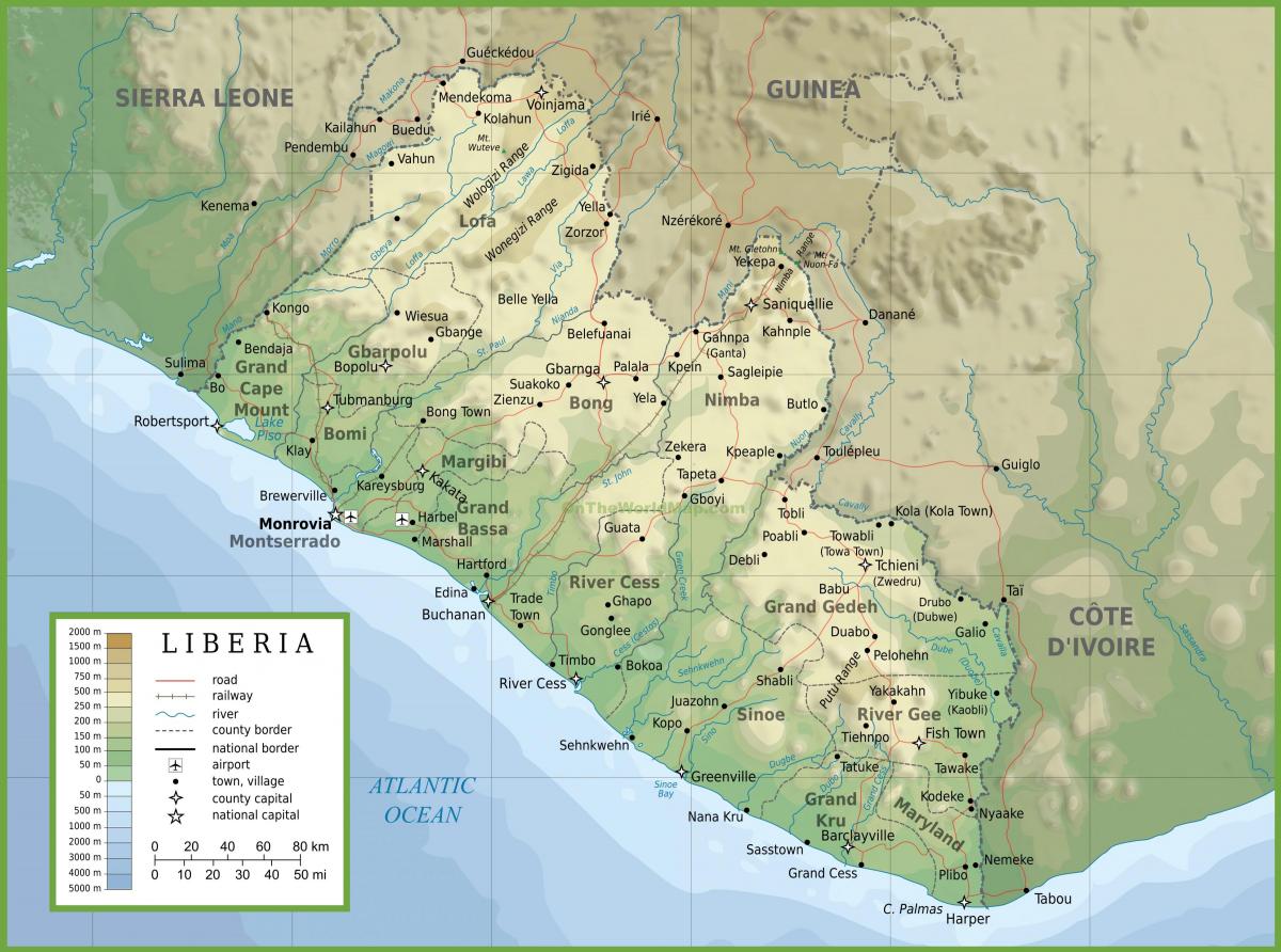 нарисовать физической карте Либерии